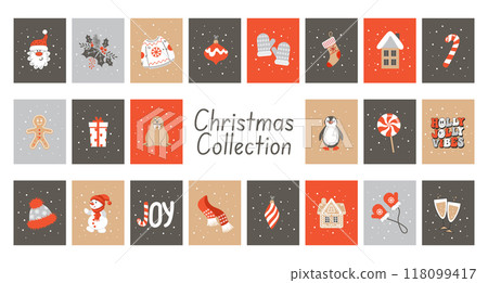 Set of colorful Christmas cards templates. Big collection cards with Santa Claus, snowman, candies, gifts, mittens, christmas tree. Illustration. 118099417