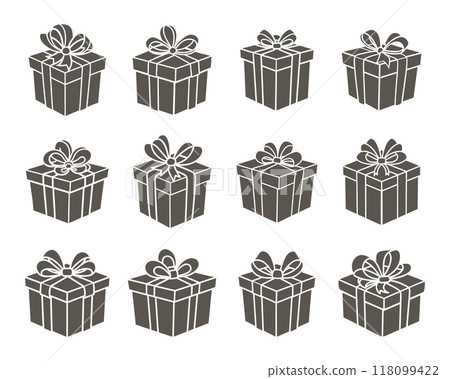 Set of black silhouettes of gift boxes with bows. Design elements, icons, illustration 118099422