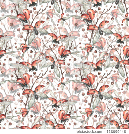 Ladybugs in flight from different angles against the background of autumn apple branches. Watercolor illustration hand drawn. Seamless pattern on white background. 118099448