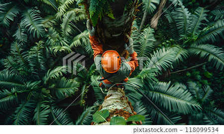 A worker wearing an orange helmet carefully trims leaves from a tall tree amidst vibrant, green tropical foliage, showcasing expertise in a serene environment. 118099534