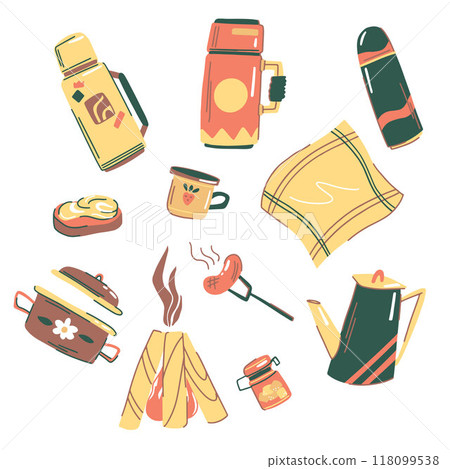 Set of illustrations for camping and outdoor recreation, thermoses, food, fire Set of illustrations for camping and outdoor recreation, thermoses, food, fire 118099538