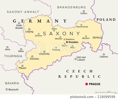 Saxony, a state in Germany, political map with capital Dresden, borders, and largest cities. Officially the Free State of Saxony, bordering the countries of Poland and Czech Republic. Illustration. 118099599
