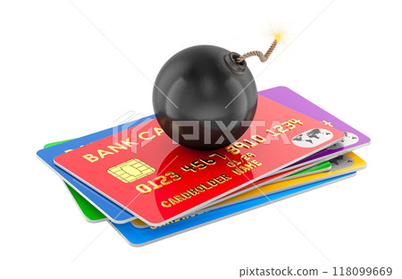 Credit bank cards with Black Burning Bomb. Credit card hacking, concept. 3D rendering 118099669