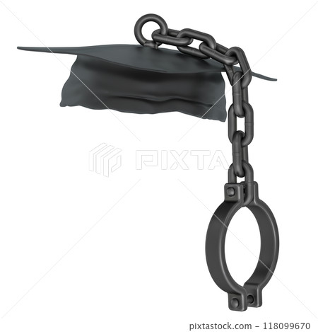 Debt education or prison education, concept. Graduation cap with prison shackle on the chain, 3D rendering 118099670