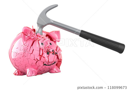 Hammer breaking Piggy Bank, 3D rendering 118099673