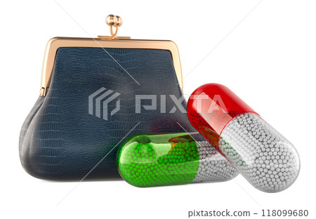 Medicine capsules with coin purse, 3D rendering 118099680