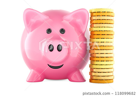 Piggy Bank with stack of coins. Money saving, concept. 3D rendering Piggy Bank with stack of coins. Money saving, concept. 3D rendering 118099682