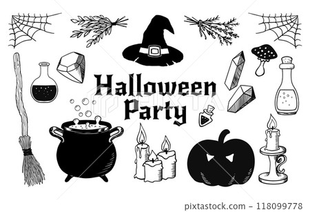 Halloween Party set. Mystic magical hand drawn ink elements. Witch cauldron, hat, pumpkin and other design elements for Halloween. Sketch style. Vector illustration 118099778