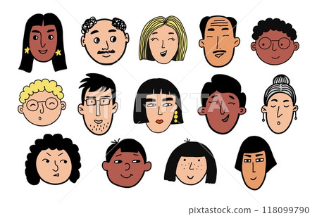 People Faces Doodle Set. Hand drawn avatars sketch. Different races, emotions, ages, male and female portraits. Cartoon characters. Isolated vector illustration People Faces Doodle Set. Hand drawn avatars sketch. Different races, emotions, ages, male and female portraits. Cartoon characters. Isolated vector illustration 118099790