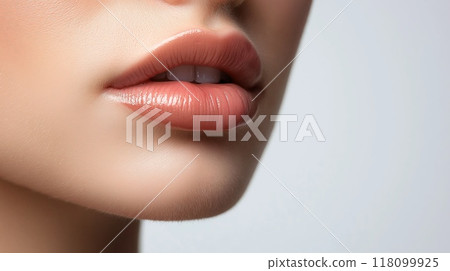 Close up of female lips with red lipstick. Makeup and cosmetics concept 118099925
