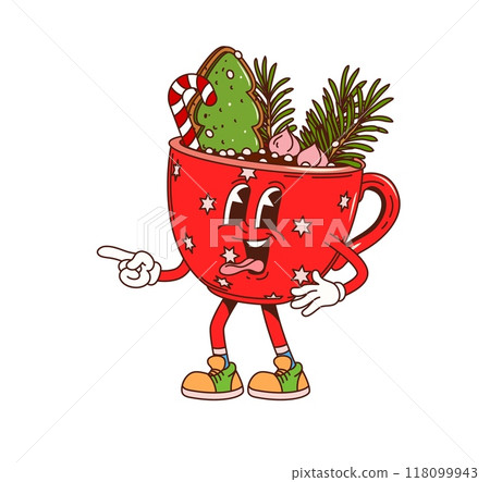 Cartoon groovy Christmas eggnog character. Cute red cup filled with eggnog drink, gingerbread cookie, candy cane and festive decorations. Isolated vector mug with star pattern ready for holiday fun Cartoon groovy Christmas eggnog character. Cute red cup filled with eggnog drink, gingerbread cookie, candy cane and festive decorations. Isolated vector mug with star pattern ready for holiday fun 118099943