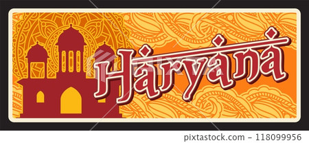 Haryana Indian state sign retro travel plate or banner. Vector travel destination sign. Retro board, signboard of touristic landmark of India plaque with temple on fiery ornament Haryana Indian state sign retro travel plate or banner. Vector travel destination sign. Retro board, signboard of touristic landmark of India plaque with temple on fiery ornament 118099956