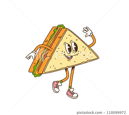Retro cartoon groovy breakfast sandwich character walking with waving hand and smiling face. Isolated vector triangular sandwich bread with vegetable fillings, cheerful and animated food personage Retro cartoon groovy breakfast sandwich character walking with waving hand and smiling face. Isolated vector triangular sandwich bread with vegetable fillings, cheerful and animated food personage 118099972
