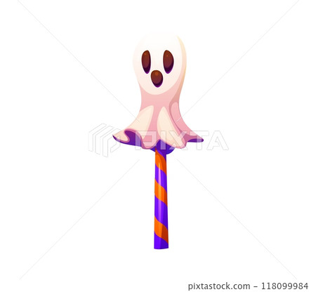 Cartoon Halloween holiday ghost lollipop or cake pop. Vector sweets and dessert food of Helloween trick or treat night party. Horror ghost or phantom shape candy on striped stick, Halloween sweet food 118099984