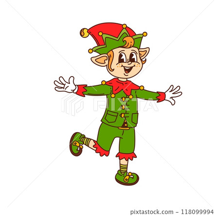 Cartoon groovy Christmas elf character dressed in festive green and red attire, spreading holiday cheer. Isolated vector Santa helper gnome personage features a cheerful expression and playful pose 118099994
