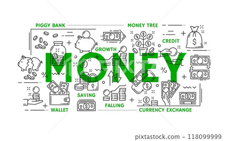 Money and finance line icons of cash, banking and payment, vector pictograms. Dollar money cash banknotes and coins icons, currency exchange and economic crisis with piggy bank and money tree Money and finance line icons of cash, banking and payment, vector pictograms. Dollar money cash banknotes and coins icons, currency exchange and economic crisis with piggy bank and money tree 118099999