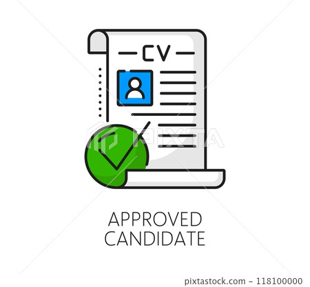Recruitment approved candidate, business career search color line icon. Company recruitment service, human resources or business head hunter, employment line vector icon with CV approved document 118100000