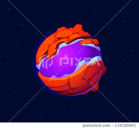 Cartoon fantasy galaxy alien space planet with a purple core and an orange, jagged crust. Vector mysterious and fantastical planet appears cracked, exposing the inner violet glow, floats in dark space Cartoon fantasy galaxy alien space planet with a purple core and an orange, jagged crust. Vector mysterious and fantastical planet appears cracked, exposing the inner violet glow, floats in dark space 118100003