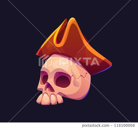 Cartoon pirate skull in tricorn hat, sits atop the skeletal remains, exuding spooky seafaring vibe. Isolated vector filibuster, sailor or corsair dead skeleton head, jolly roger, cranium in cocked cap Cartoon pirate skull in tricorn hat, sits atop the skeletal remains, exuding spooky seafaring vibe. Isolated vector filibuster, sailor or corsair dead skeleton head, jolly roger, cranium in cocked cap 118100008