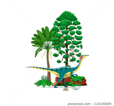 Gallimimus prehistoric dinosaur walking amongst lush tropical plants and trees. Vector ancient times landscape with rich greenery and cartoon dino character for paleontology resource or children book Gallimimus prehistoric dinosaur walking amongst lush tropical plants and trees. Vector ancient times landscape with rich greenery and cartoon dino character for paleontology resource or children book 118100009