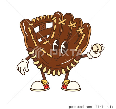 Cartoon groovy school baseball glove character holding a ball with a cheerful expression. Isolated vector playful sports personage exudes fun and sporty vibe, with expressive eyes and a friendly smile 118100014