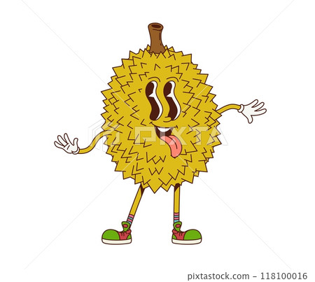 Cartoon retro groovy durian fruit character. Isolated vector cheerful, tropical, ripe and quirky fruity personage with expressive eyes and sticking tongue, smiling and showing positive funky vibes Cartoon retro groovy durian fruit character. Isolated vector cheerful, tropical, ripe and quirky fruity personage with expressive eyes and sticking tongue, smiling and showing positive funky vibes 118100016