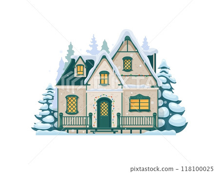 Cartoon Christmas winter house building facade with snowy roof. Xmas festive house snowy facade, Christmas village home isolated vector exterior or winter holiday town cottage outdoor scene 118100025