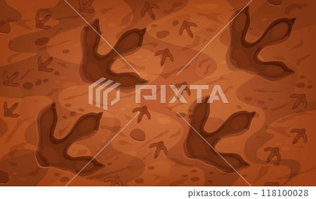 Dinosaur fossil footprints of prehistoric era. Cartoon vector background with ancient dino reptile animal paw prints, trail impression on ground. Jurassic era archaeological and paleontology finds Dinosaur fossil footprints of prehistoric era. Cartoon vector background with ancient dino reptile animal paw prints, trail impression on ground. Jurassic era archaeological and paleontology finds 118100028