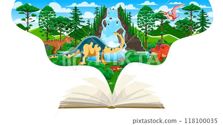Opened school textbook with prehistoric dinosaurs characters in jungle Jurassic era landscape with waterfall, lush greenery and trees. Ancient world of dino reptiles storybook or educational book 118100035