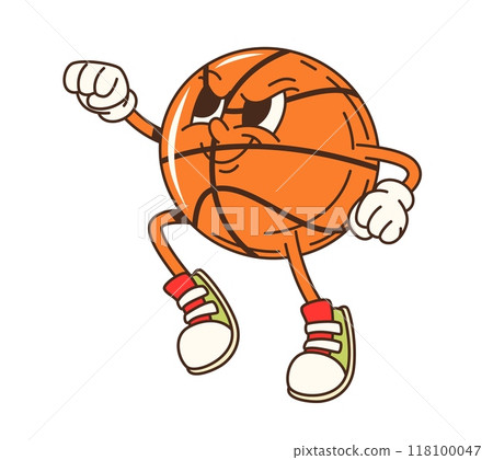 Cartoon groovy school sport basketball ball character in energetic pose. Isolated vector personage with expressive facial expression, wearing sneakers, and looking ready for sporty fun and competition Cartoon groovy school sport basketball ball character in energetic pose. Isolated vector personage with expressive facial expression, wearing sneakers, and looking ready for sporty fun and competition 118100047