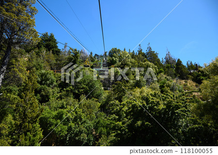 Funicular over the forest on the mountainside. Dense forest, view from above. 118100055