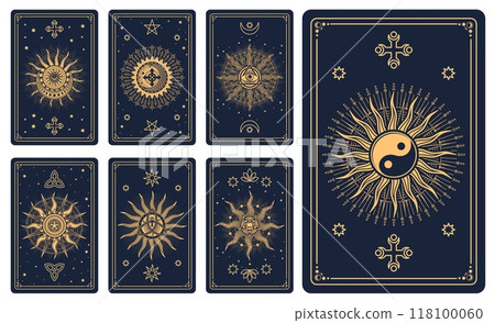Tarot cards reverse decks with magic occult, esoteric and mystic signs, vector symbols. Astrology tarot cards with celestial sun and moon in esoteric sacred geometry with pentagram and mason pyramids 118100060