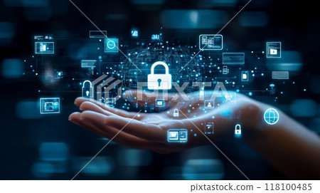 Holographic digital lock hovering over a hand with network connections and icons. Data encryption and cybersecurity concept. 118100485