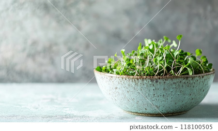Side view of a ceramic bowl filled with microgreens against a soft light background. Fresh herbs and greens for healthy living. 118100505