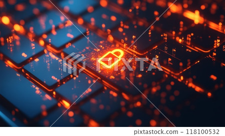 Glowing lock icon on an illuminated keyboard key representing digital security and data protection. Concept of secure online access and cybersecurity measures. 118100532