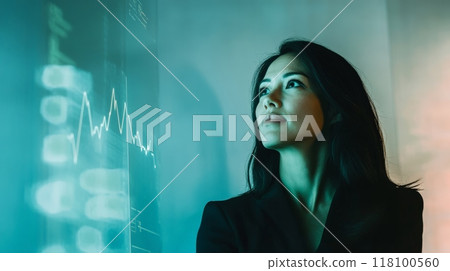 Asian businesswoman analyzing data on a digital screen. Technology-driven decision making and corporate strategy. 118100560