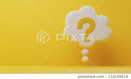 3D thought bubble with a yellow question mark on a yellow background. Concept of inquiry, curiosity, and thinking. 118100614