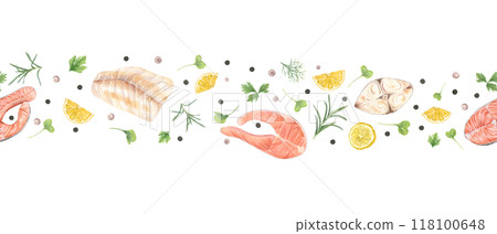 Grilled fish fillet and steaks, fresh limon slices, and chopped seasoning herbs watercolor seamless border. Seafood, salmon, halibut, cod pieces with rosemary, parsley, dill, peppercorns illustration Grilled fish fillet and steaks, fresh limon slices, and chopped seasoning herbs watercolor seamless border. Seafood, salmon, halibut, cod pieces with rosemary, parsley, dill, peppercorns illustration 118100648