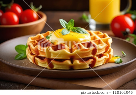 Soft waffle topped with poached eggs and mint leaves on a plate.. 118101046