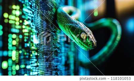 Digital snake on a futuristic background with glowing data patterns. 118101053