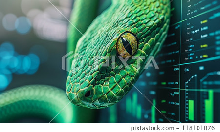 A green snake with detailed scales on a blurred background of graphs and financial reports. 118101076