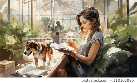 Young Woman working with notebook in surrounded by greenery in modern office. 118101080