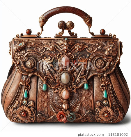 Ornate leather handbag with intricate design and gemstones.. 118101092