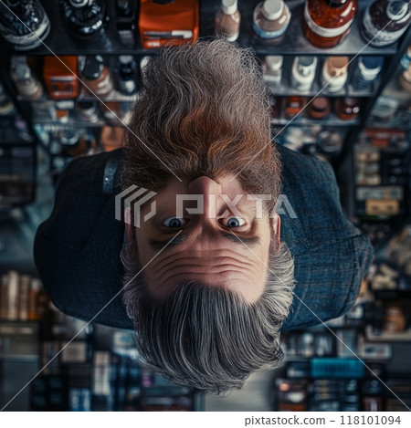 Man with long beard looking up in a store, shelves of products in background. 118101094