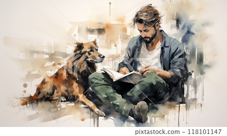 Watercolor painting of man reading with dog beside him. 118101147