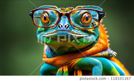 A bright chameleon wearing glasses and a scarf, 118101167