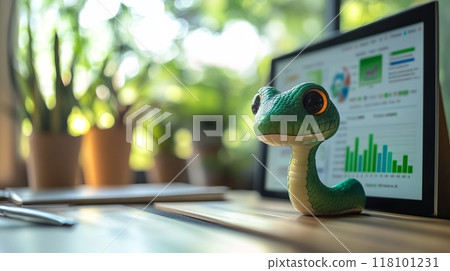 Python snake figurine on office desk with blurred background. 118101231