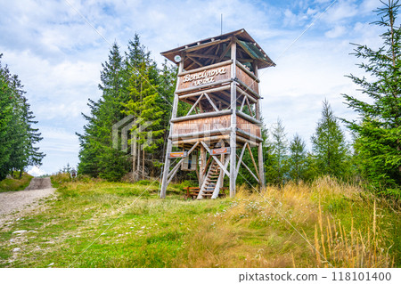 The Bencur wooden lookout tower stands tall in the Demanovska Valley, offering stunning views of the Low Tatras. Visitors can enjoy nature while exploring the surrounding area and trails. The Bencur wooden lookout tower stands tall in the Demanovska Valley, offering stunning views of the Low Tatras. Visitors can enjoy nature while exploring the surrounding area and trails. 118101400