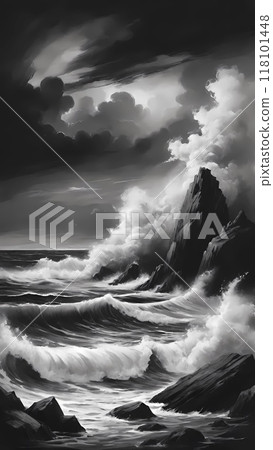 panorama of the sea waves and the rocks 118101448