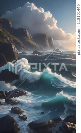 panorama of the sea waves and the rocks 118101449